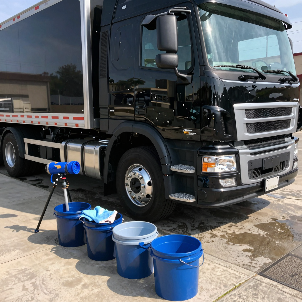 A professional truck wash setting with a black truck being washed.