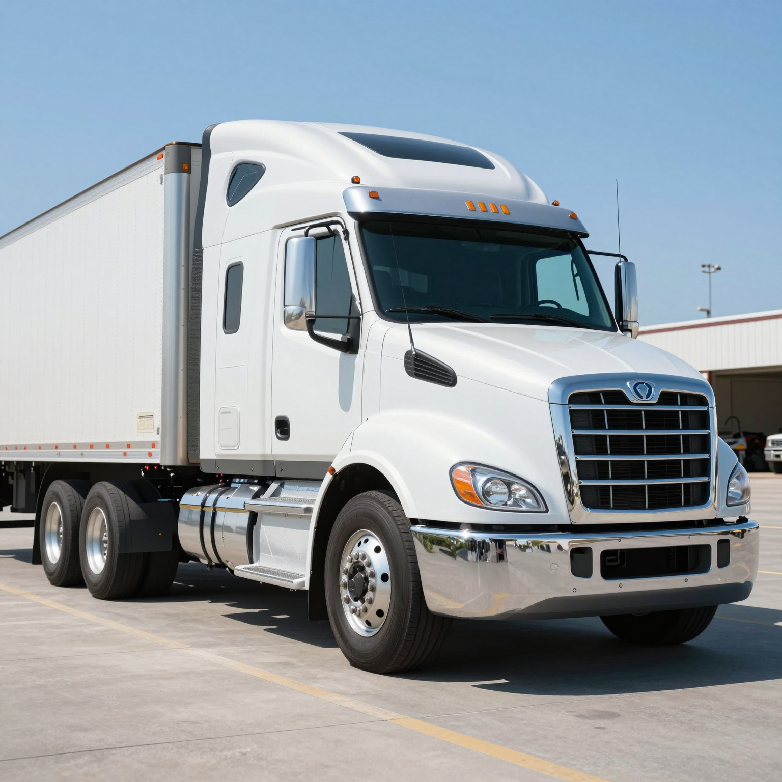 A shiny, clean truck parked in a well-lit area, showcasing its polished surface and gleaming chrome accents. The setting evokes a sense of pride and professionalism, with a clear blue sky in the background. The truck should appear modern and well-maintained to appeal to fleet managers in the logistics and trucking industry.