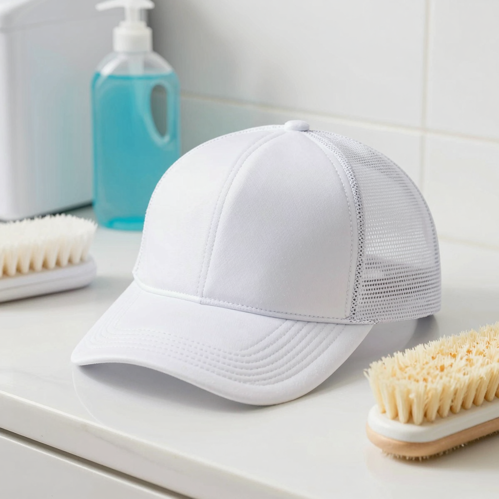 A professional-looking white mesh trucker hat being cleaned