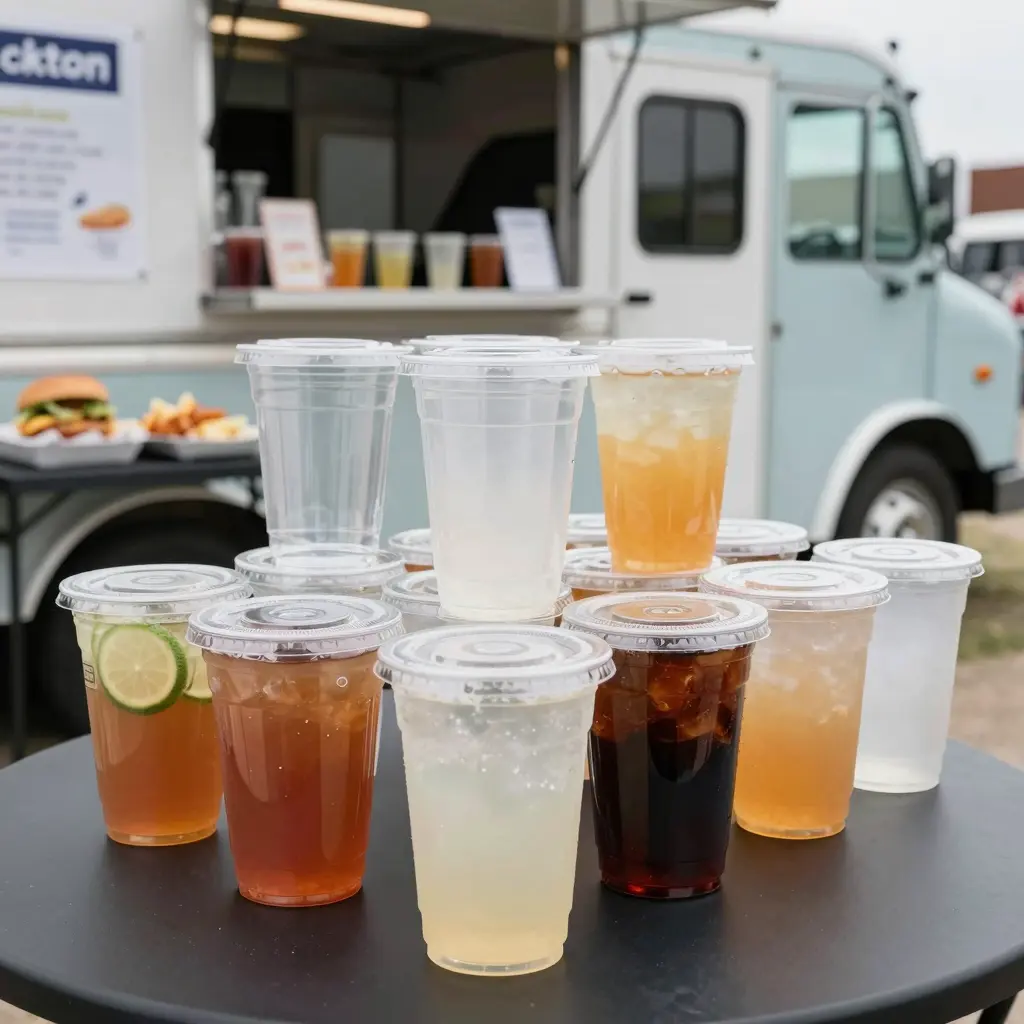 A modern, stylish set of 20oz clear plastic cups displayed with drinks in a food truck setting