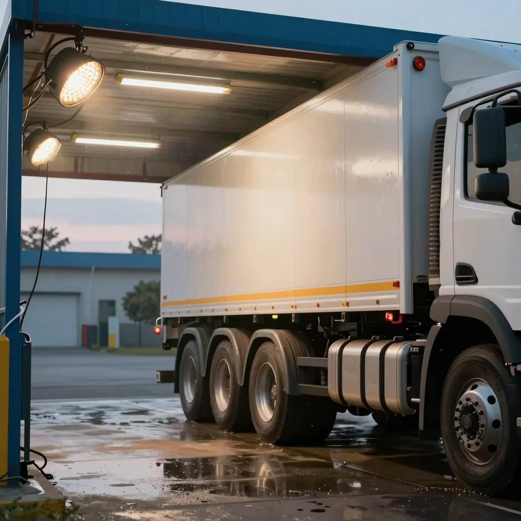 Truck washing facility with strobe lights