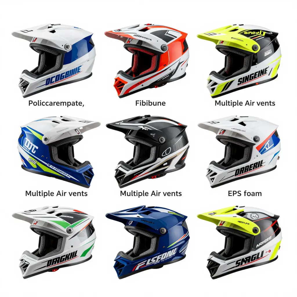 Infographic illustrating key features of graphic dirt bike helmets