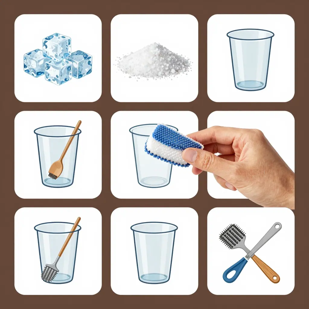 Step-by-step guide to cleaning a plastic cup with ice and salt