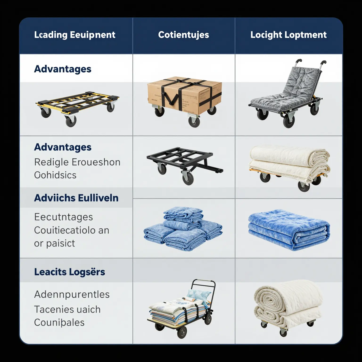 Comparison table of loading equipment for transport