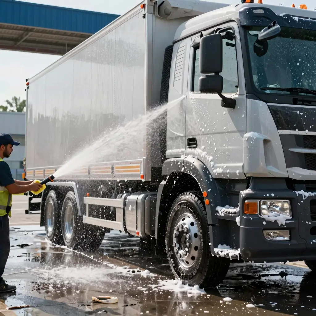 A large truck being washed