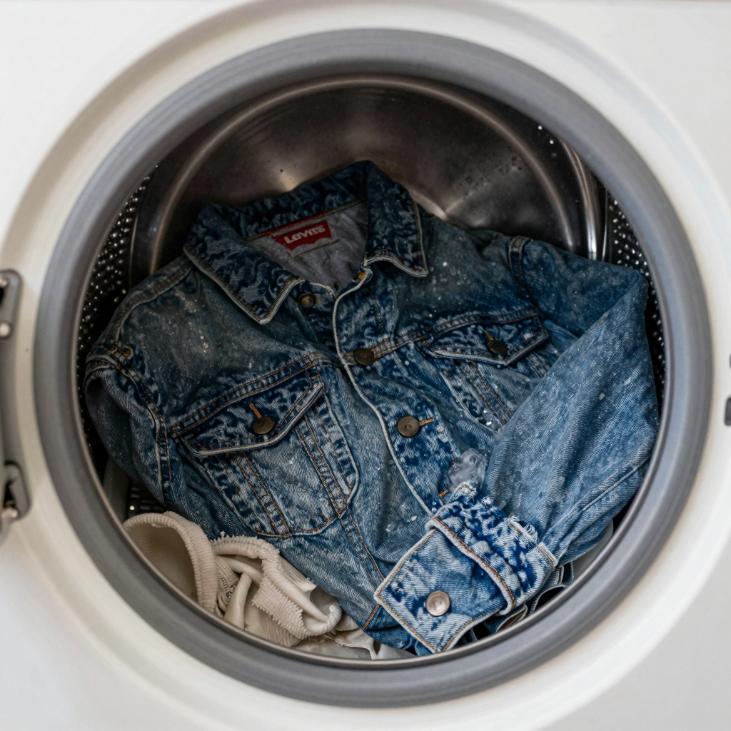 A Levi's trucker jacket being washed in a washing machine