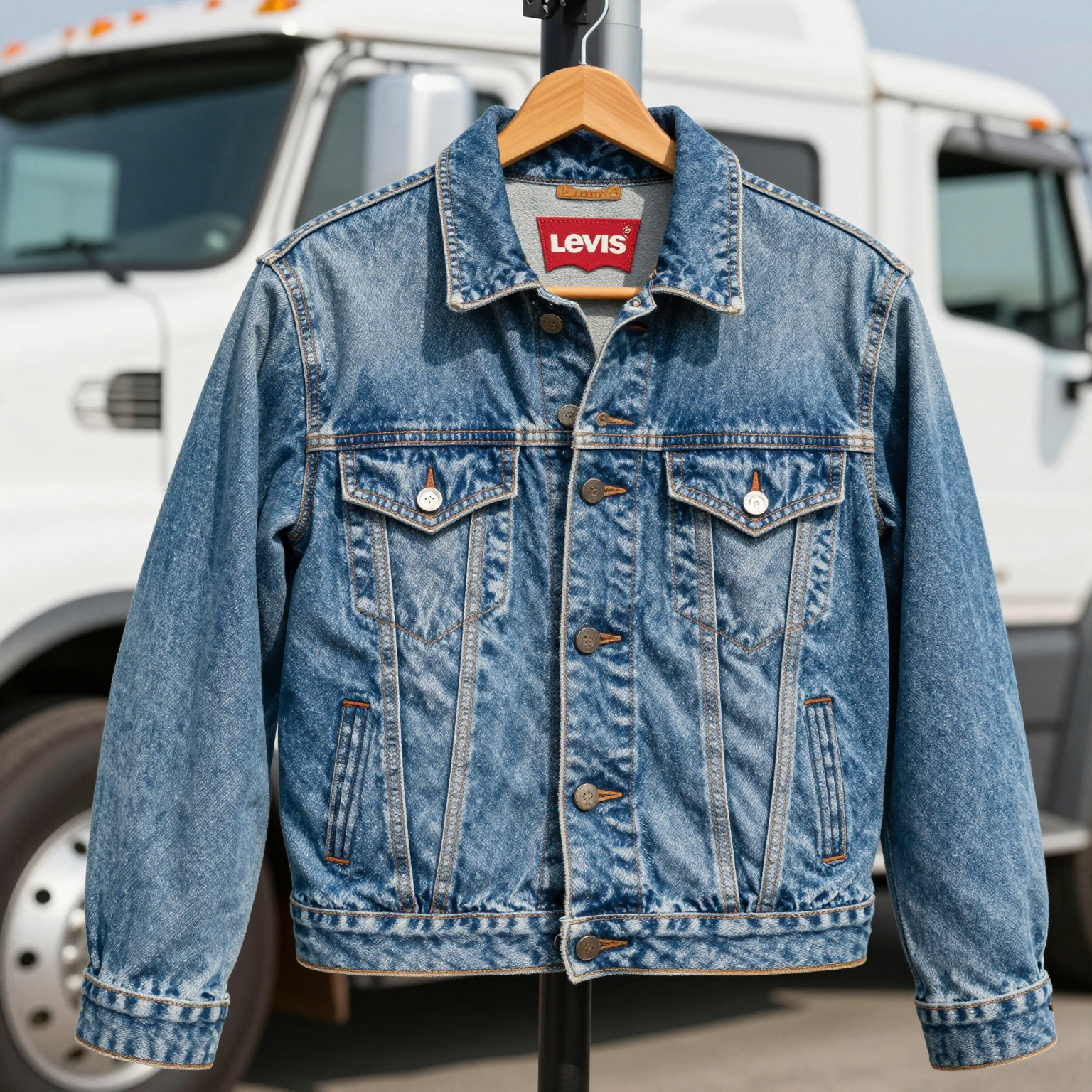 A well-maintained Levi's trucker jacket on display, emphasizing its durability and classic design