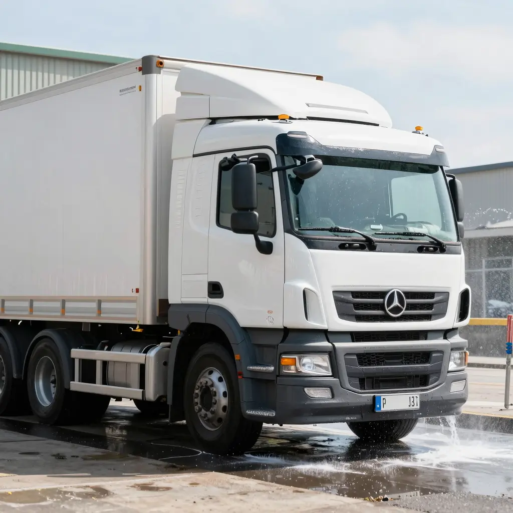 A clean logistics truck entering a vehicle wash, symbolizing efficiency and maintenance in the transport industry.