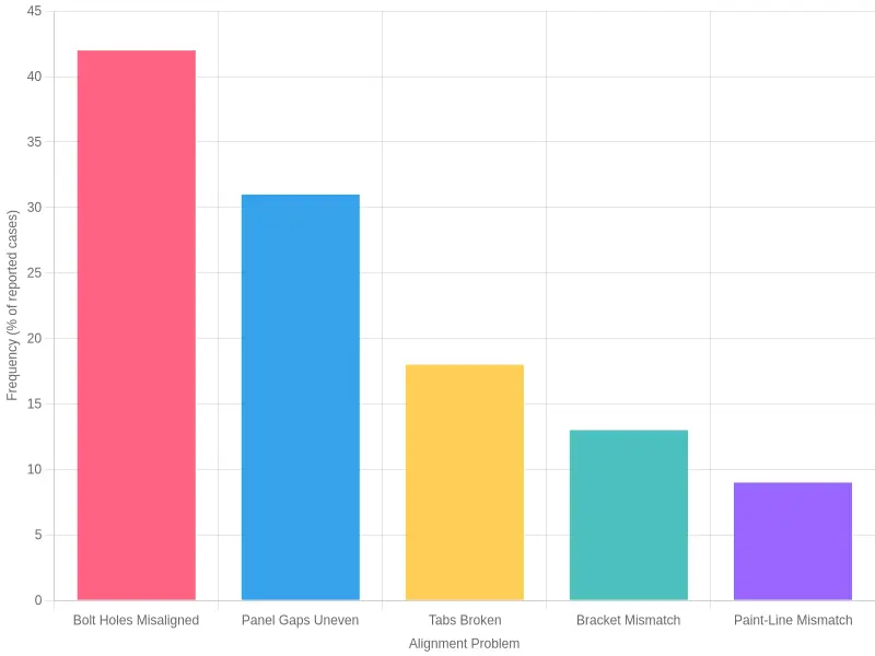 Vertical bar chart comparing the frequency of common fairing alignment problems: bolt holes misaligned (42), panel gaps uneven (31), tabs broken (18), bracket mismatch (13), and paint-line mismatch (9)