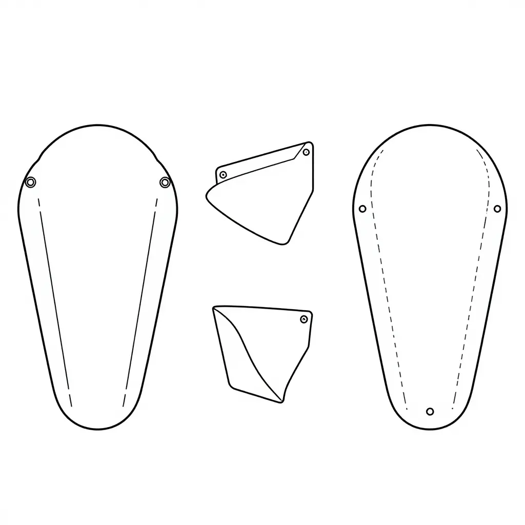 Simple 2D technical line diagram of a motorcycle side fairing attaching to the frame, showing mounting tabs, bolt holes and an alignment gap that cascades into panel-wide misalignment