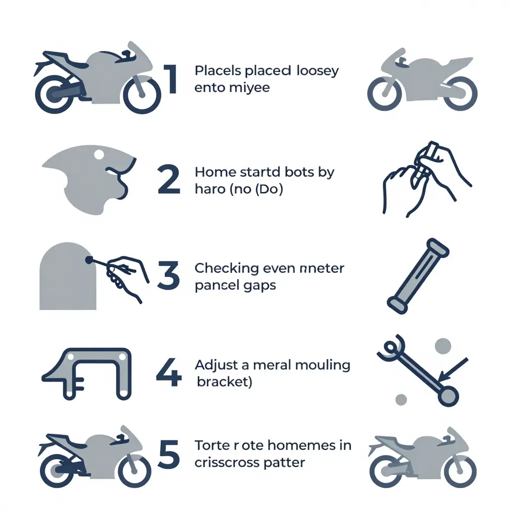 Motorcycle fairing dry-fit sequence diagram showing loose panel assembly, hand-threading bolts, gap checks, bracket adjustment, and final torquing