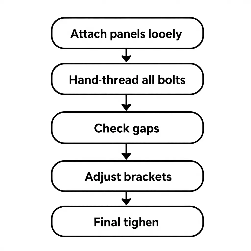 Minimal two-dimensional schematic flowchart showing the five-step fairing kit dry-fit sequence as connected boxes and arrows: attach panels loosely, hand-thread all bolts, check gaps, adjust brackets, final tighten.