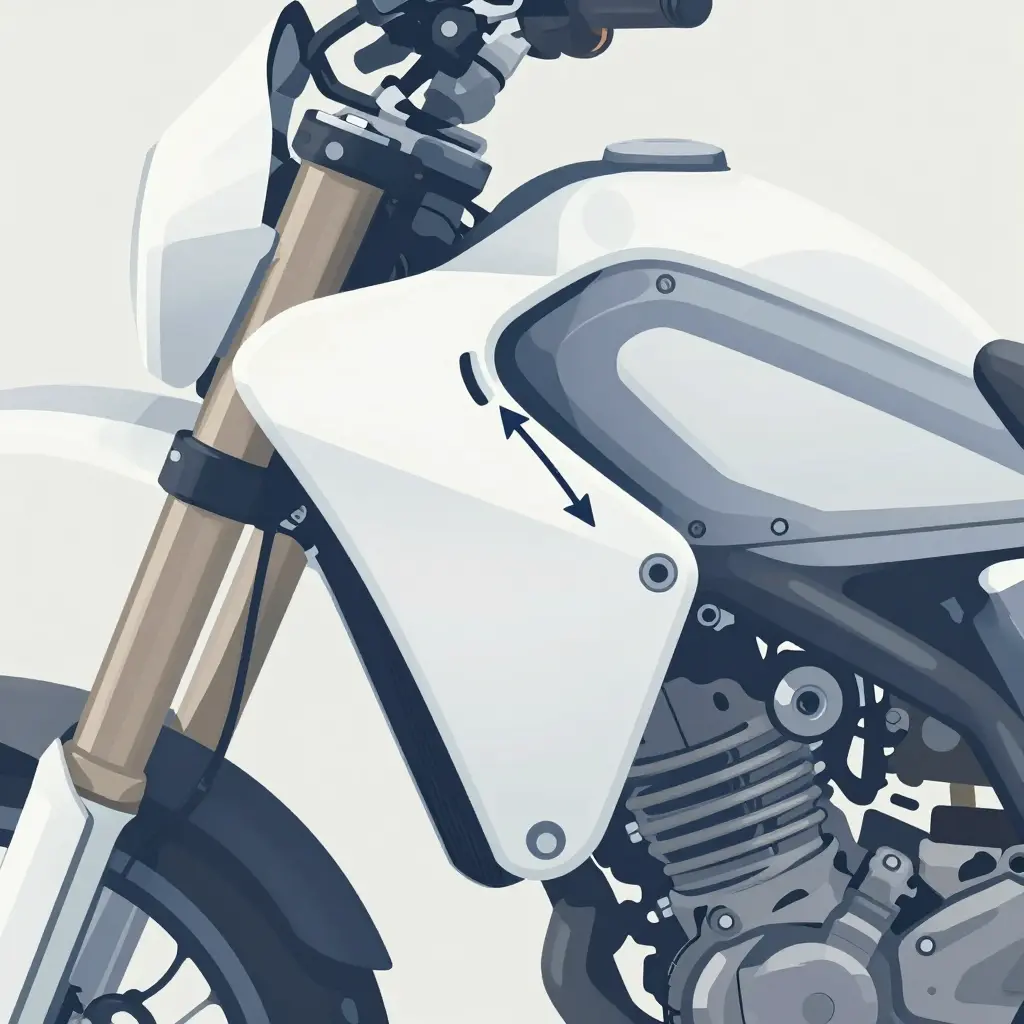 Close-up of a motorcycle fairing panel being aligned to its frame, with offset arrows showing where bolt holes misalign at the mounting points.