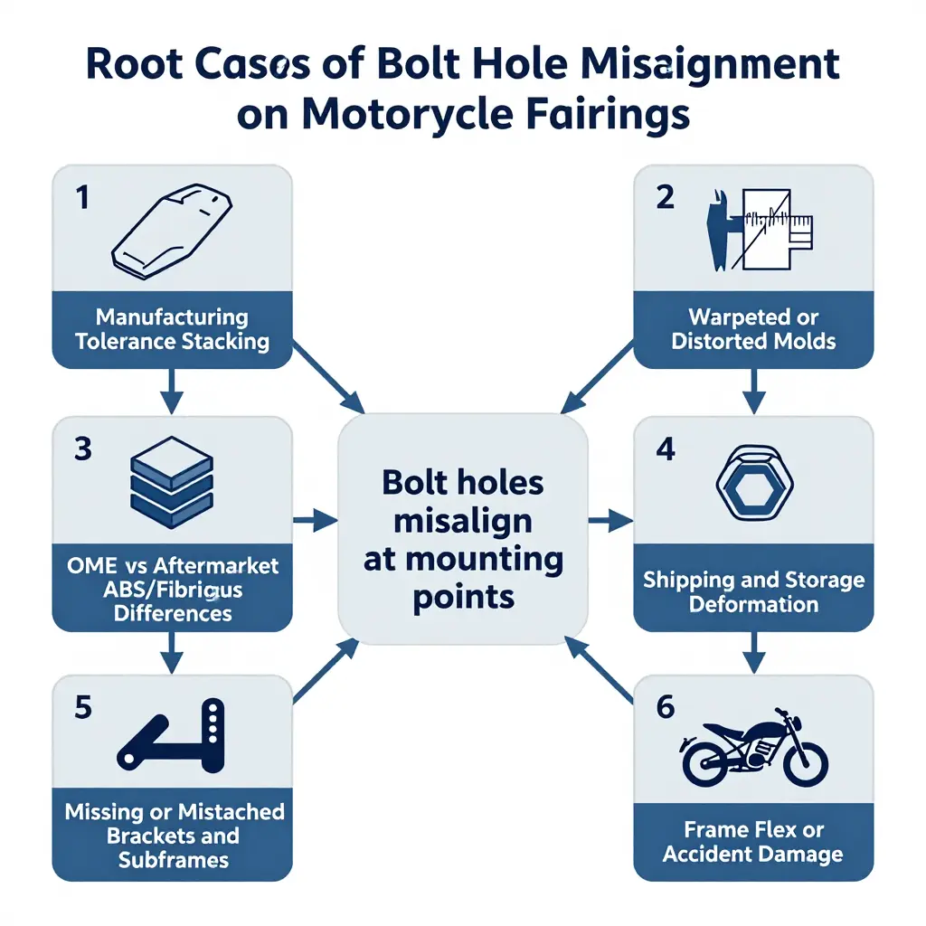 Diagnostic flowchart showing six root causes of bolt hole misalignment on motorcycle fairings feeding into the mounting outcome