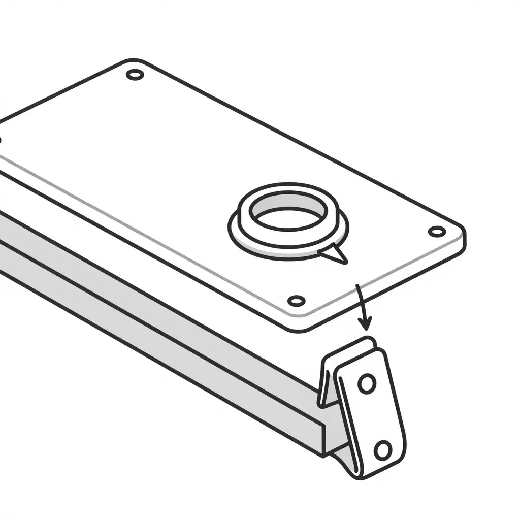 Minimal 2D technical line-art diagram showing an exploded view of a plastic body panel attaching to a metal subframe, with a seated rubber grommet and a fairing clip with barbs locking through the grommet into the subframe, plus arrows indicating assembly and locking direction.