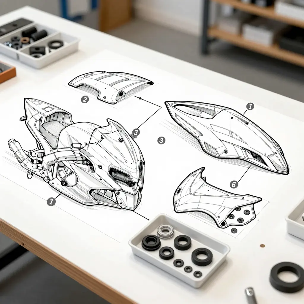 Exploded motorcycle fairing panel diagram showing bolts, fairing clips, and grommets organized in numbered trays through a six-step rebuild workflow