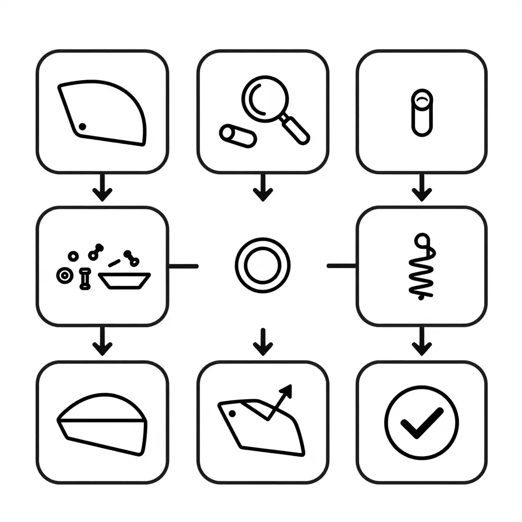Minimal left-to-right process flow diagram of a motorcycle fairing rebuild, showing six connected steps: panel removal, fastener inventory, missing-part sourcing, grommet and clip replacement, reinstallation, and final check