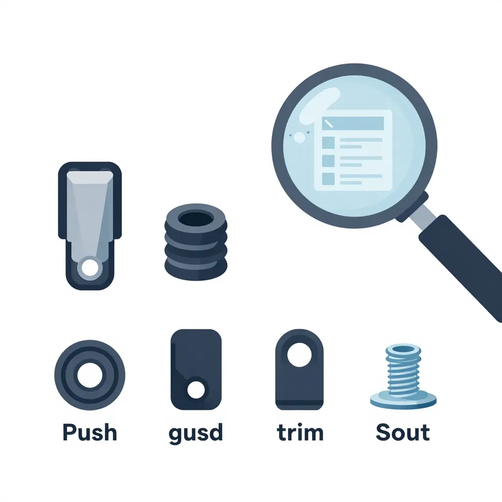 Diagram of common motorcycle fairing clips and grommets, including push-type clips, screw grommets, trim clips, and bolt clips, next to a checklist for exact fitment