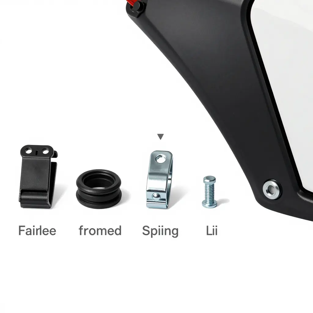 Labeled diagram of motorcycle fairing fasteners showing a plastic push-pin fairing clip, a rubber fairing grommet, a metal spring clip, and a bolt seating into a cutaway plastic fairing panel