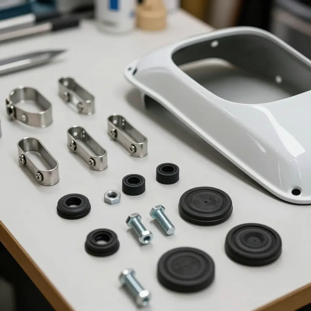 Motorcycle fairing clips, rubber grommets, bolts and cushions laid out beside a fairing panel