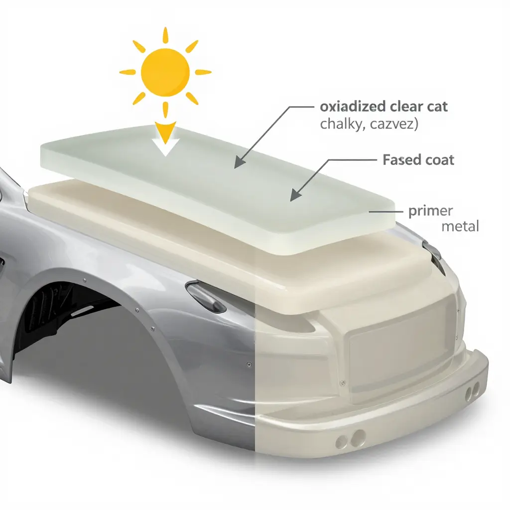 Cross-section diagram of automotive paint layers showing UV fade, clear-coat oxidation, and pigment degradation on a fairing panel