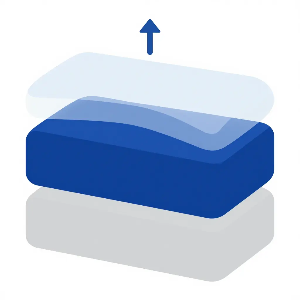 Simple 2D flat diagram of a factory motorcycle paint finish showing three stacked layers: primer at the bottom, base color coat in the middle, and clear coat on top, with a small UV arrow pointing at the surface.