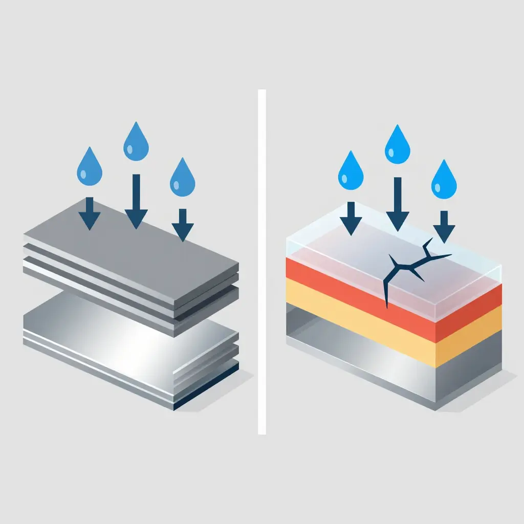 Minimalist 2D schematic split into two panels showing acid brightener droplets dissolving the dull oxidized layer from a bare aluminum surface on the left, revealing a bright reflective finish, while the same droplets attack and dull the cracked clear coat on a painted panel on the right.