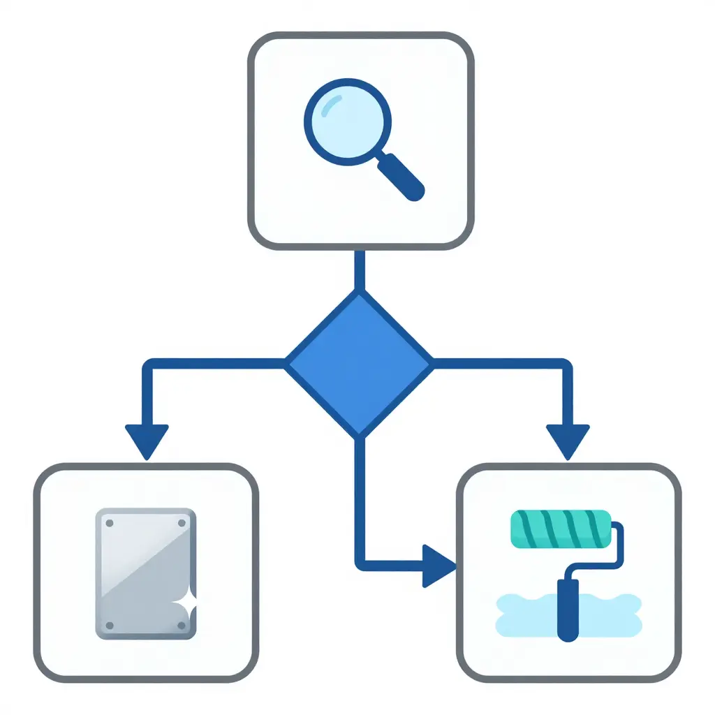 Minimalist 2D flowchart showing a wash operator's decision process for choosing between an acid aluminum brightener and a neutral pH wash, with a magnifying-glass start node, a central diamond decision node, and two branching paths ending in an aluminum panel icon and a paint roller icon