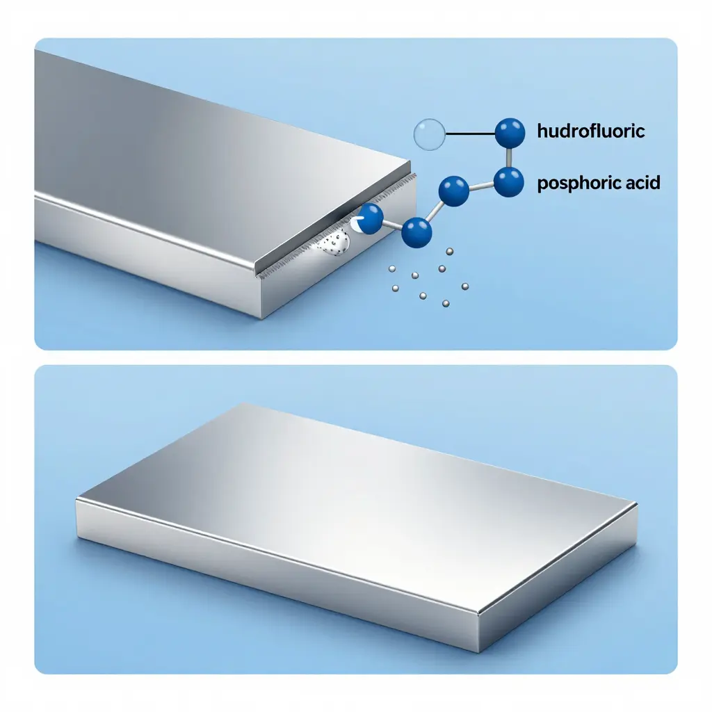 Diagram of acid brightener reacting with the aluminum oxide layer to expose bright aluminum