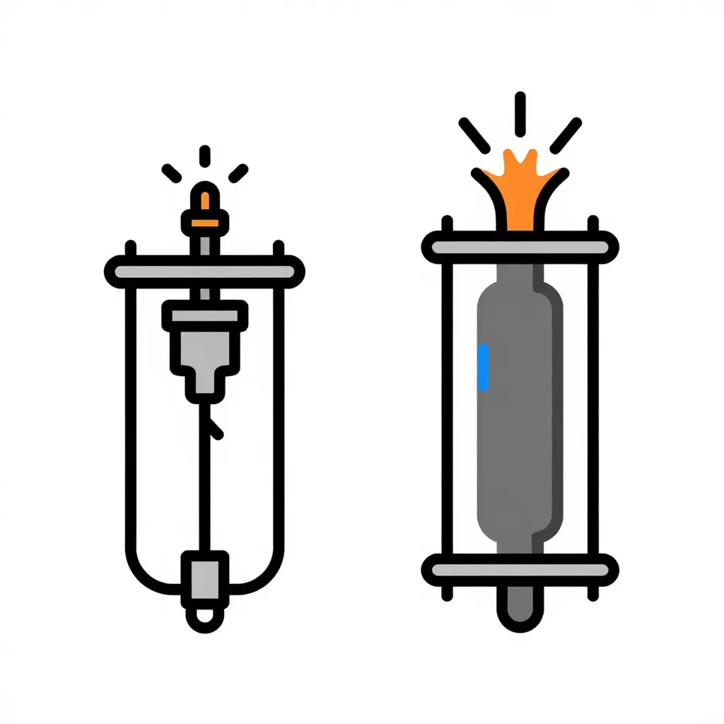 Two side-by-side schematic engine cylinders comparing gasoline spark ignition and diesel compression ignition
