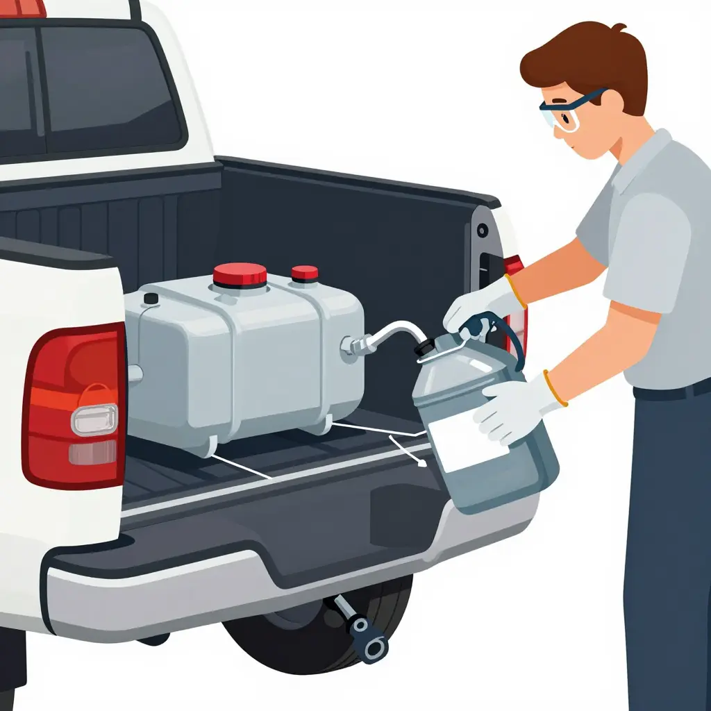 Diagram of a truck fuel tank being drained with a siphon, showing the filler neck and drain plug