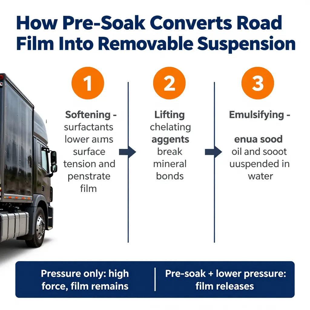 Diagram showing how pre-soak converts road film into removable suspension through softening, lifting, and emulsifying stages