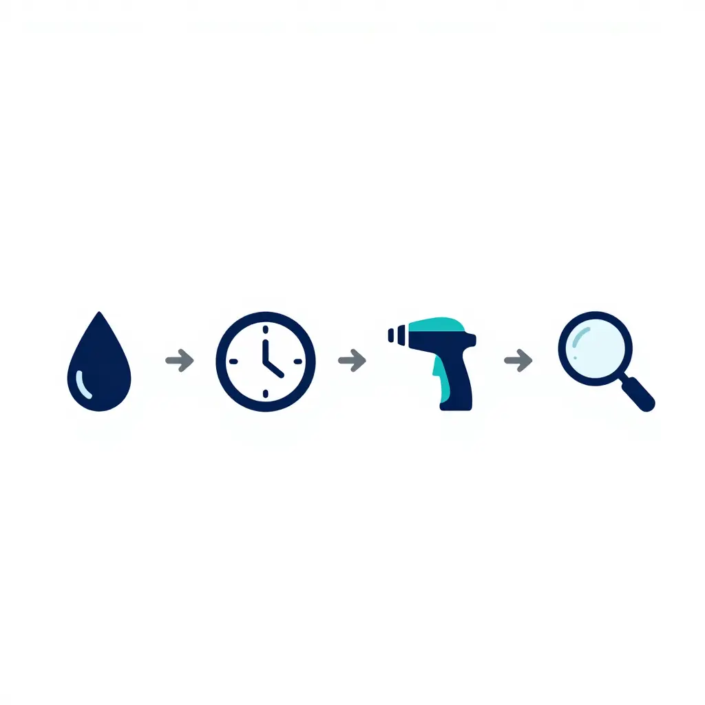 Flat two-dimensional process diagram showing the fleet truck power washing sequence as a left-to-right flow with four connected stages: a spray droplet icon, a clock symbol, a spray wand, and a magnifying glass, linked by arrows.
