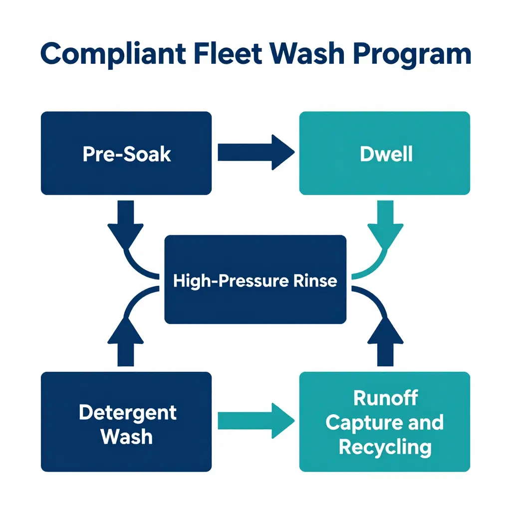 Compliant fleet wash program flowchart showing pre-soak, dwell, high-pressure rinse, detergent wash, and runoff capture steps