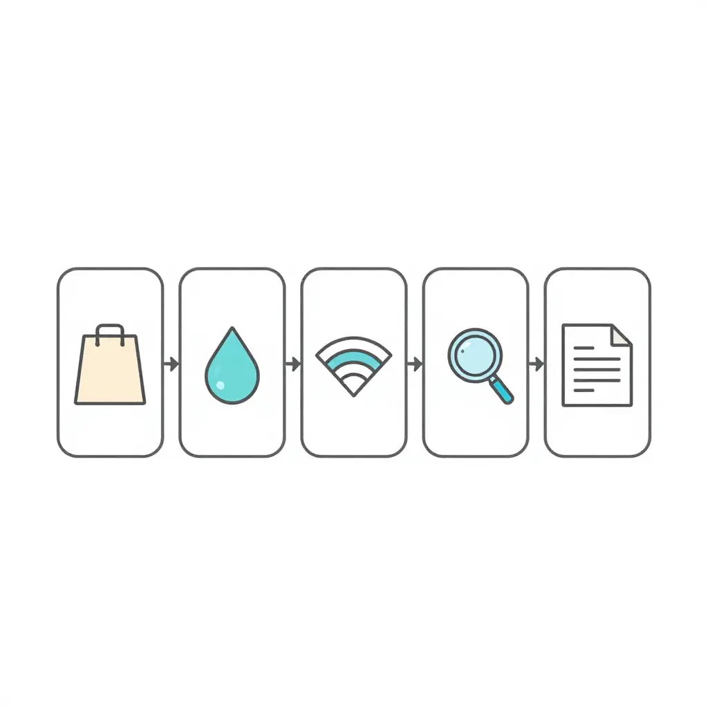 Flat two-dimensional process flow diagram showing five rounded rectangles in a horizontal sequence connected by directional arrows, each containing a simple geometric icon: a bag for covering, a droplet for washing, a wave-fan for drying, a magnifier for inspection, and a document sheet for documentation.
