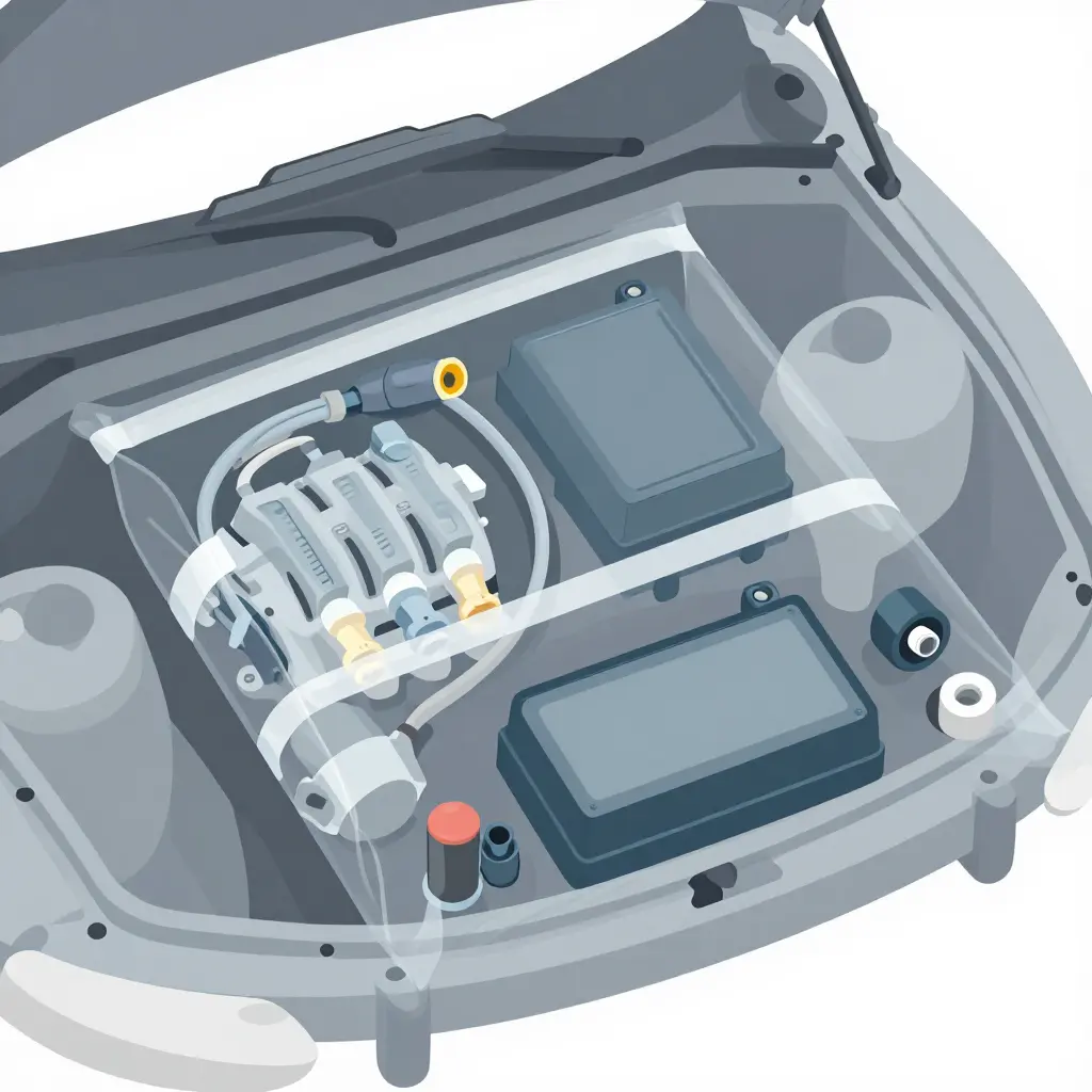 Diagram of a truck engine bay with the fuse box sealed in a taped plastic bag, harness connectors wrapped in marine-grade sealing wrap, and the alternator, starter solenoid area, ECU cavity and relay sockets shielded