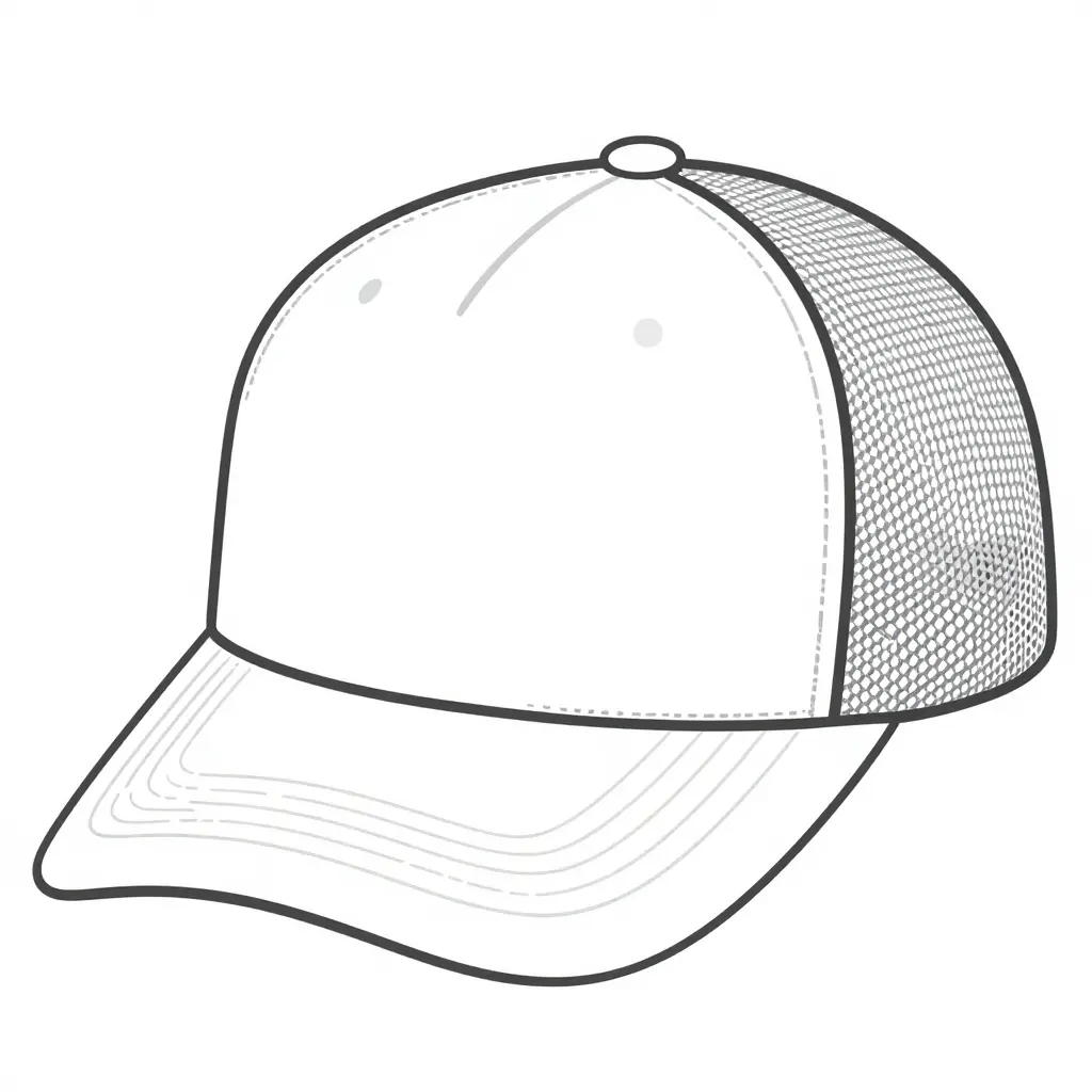 Minimalist 2D line diagram of a trucker hat showing the structured front panel, mid and rear polyester mesh back, sweatband and snapback closure