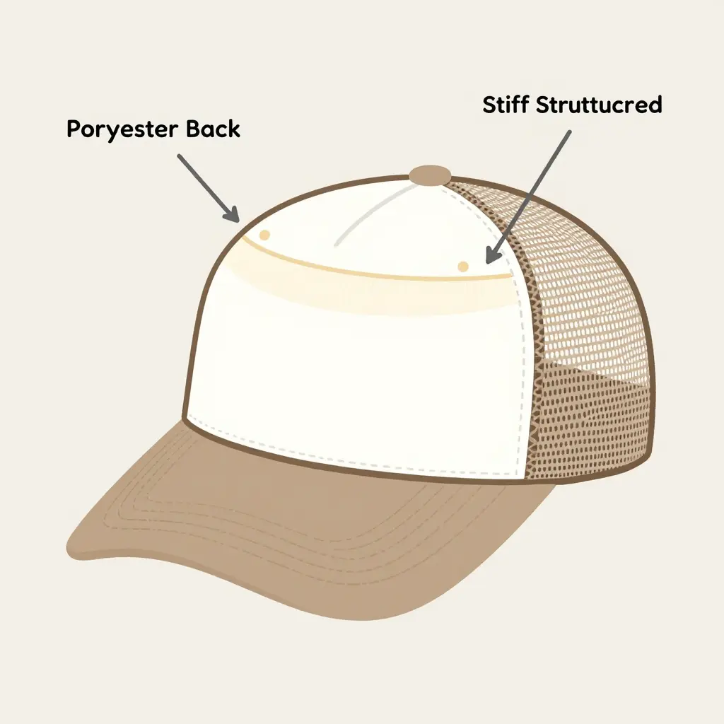 Diagram of a trucker hat labeling the mesh back, sweatband, and structured front panel zones, with water droplet icons suggesting moisture