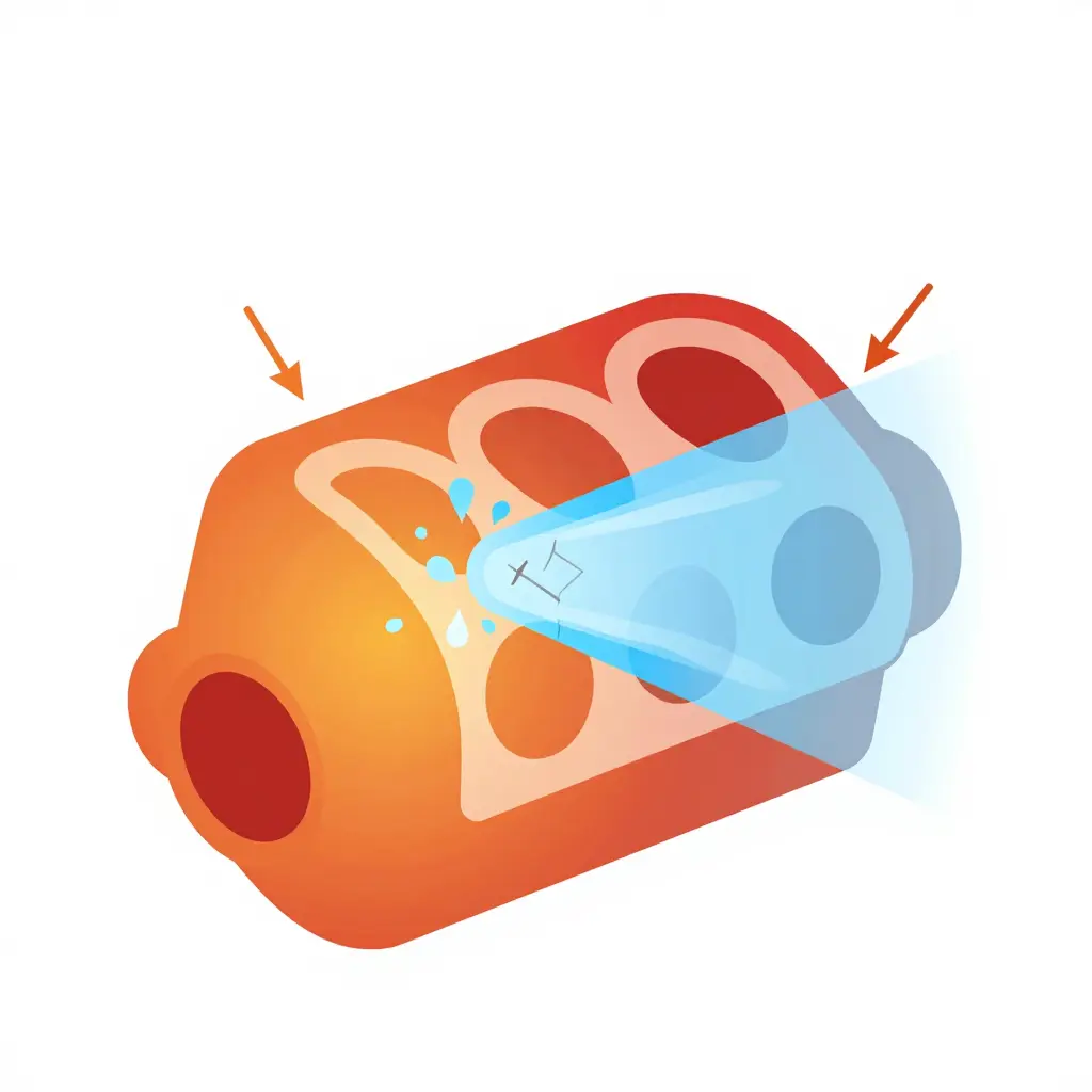 Diagram showing thermal shock on a hot engine block, with a hot warm-colored side, a cold blue water spray hitting one area, and arrows plus crack lines indicating expanding and contracting metal surfaces.
