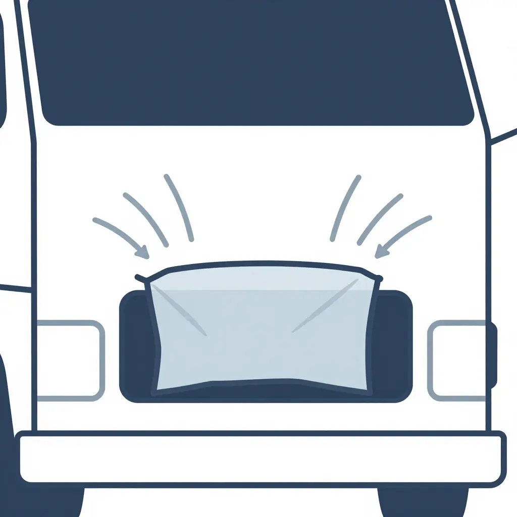 Simple two-dimensional instructional diagram showing an abstract truck engine air intake opening covered with a secured plastic bag, with curved arrows indicating water spray being deflected away from the protected intake
