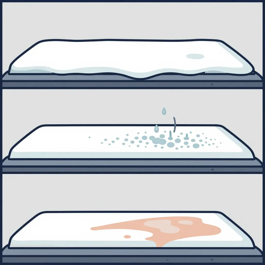 Three-stage cross-section schematic showing a wet soap solution film on a truck panel's clear coat, water evaporating while minerals concentrate, and a dried patchy residue film bonded to the surface