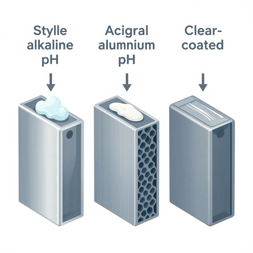 Cross-section diagram of bare polished aluminum, anodized trim, and clear-coated aluminum being attacked by alkaline soap solution, with dried soap solids in the grain and white chalky streaks on the surface