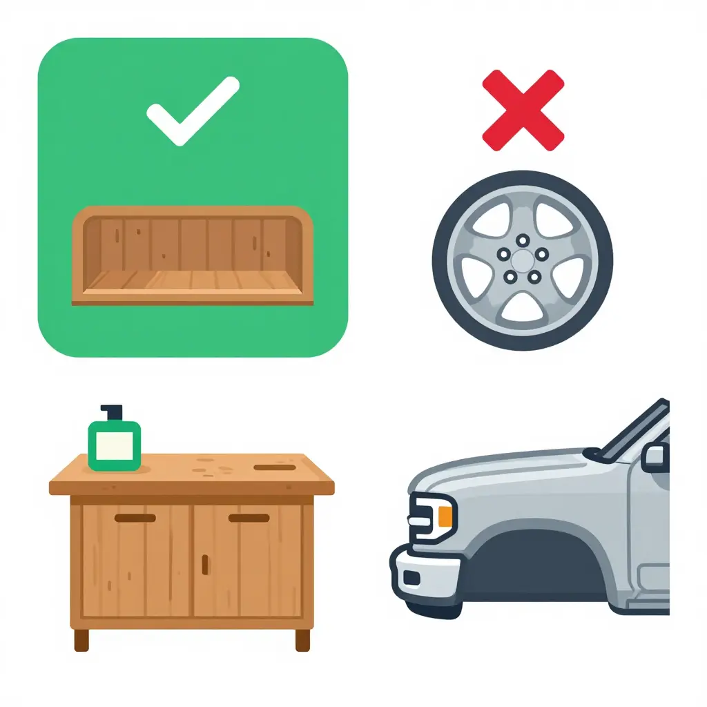 Checkmark panel showing wooden cab trim, shop cabinetry and a workbench as appropriate; cross panel showing polished aluminum wheels, chrome bumpers and clearcoat hoods as off limits
