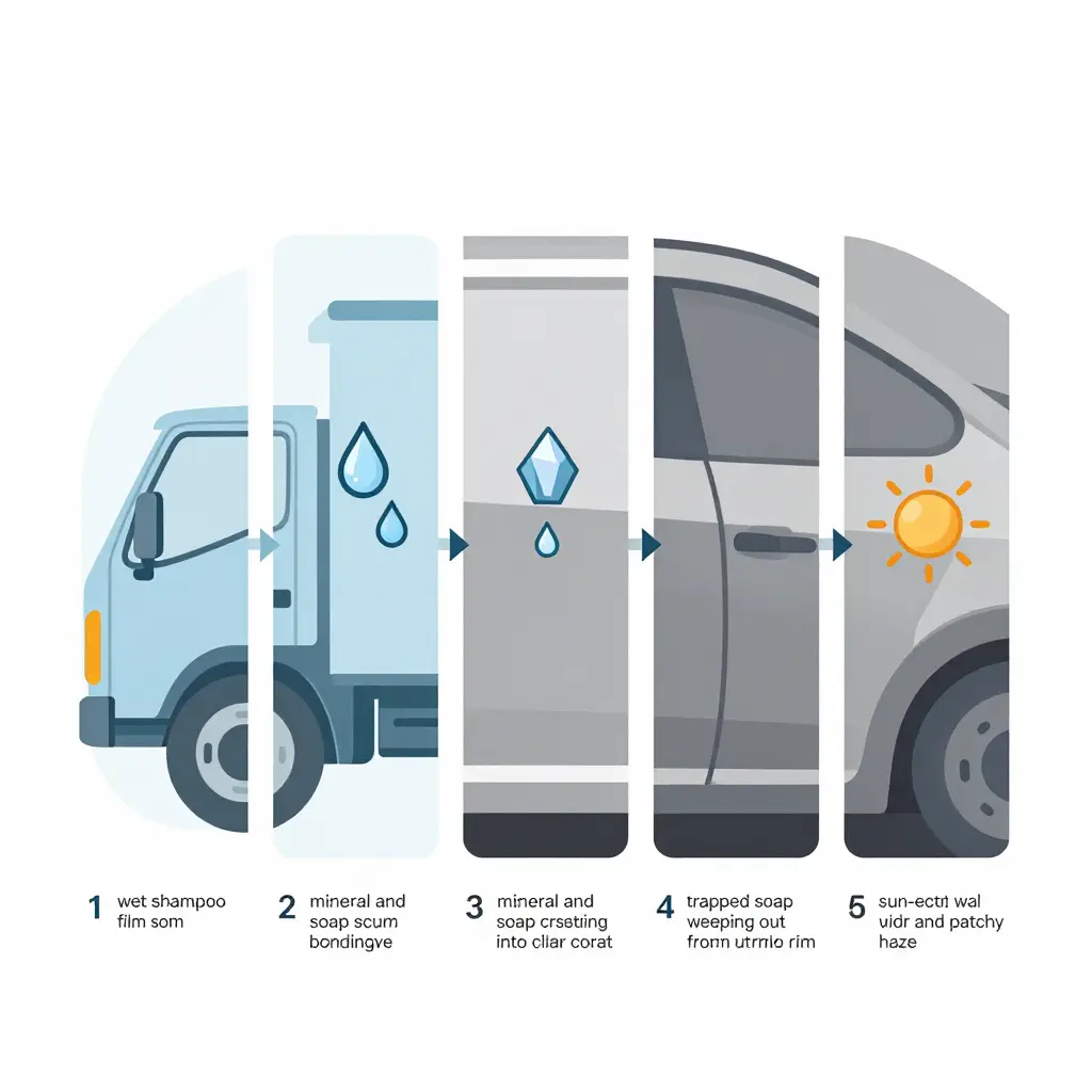 Five-stage diagram showing shampoo film forming on a truck panel, water evaporating, minerals bonding to clear coat, soap weeping from seams, and sun-etched water spots