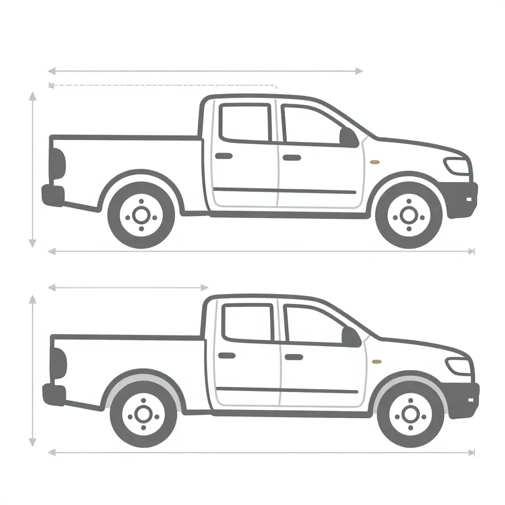 Minimal flat 2D line diagram of a pickup truck in side and front profile, with thin dimension lines showing overall height, width including mirrors, ground clearance and wheelbase.