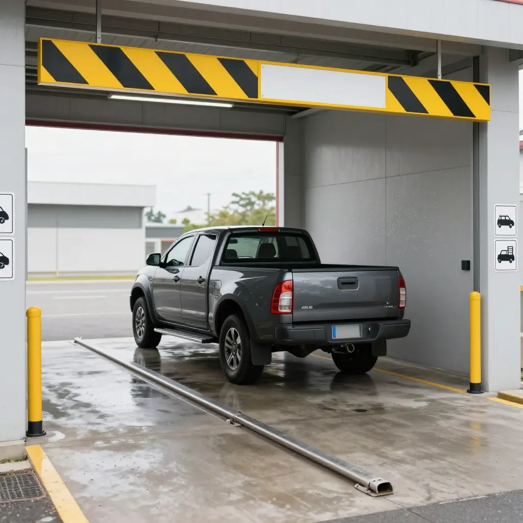 Pickup truck approaching an automatic car wash bay clearance bar and guide rails
