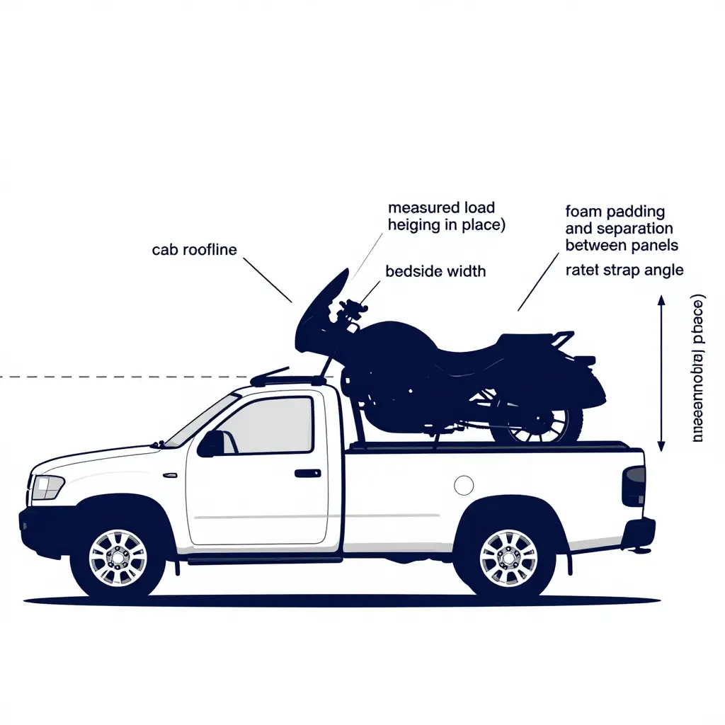 Side-view diagram of a pickup truck with motorcycle fairings standing upright in the bed, a dashed line from the cab roofline, and a dimension arrow marking measured load height over the load