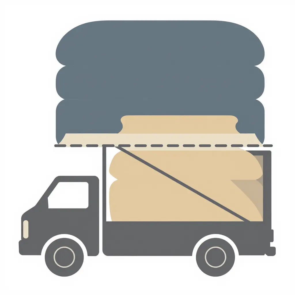 Minimal 2D schematic of a pickup bed with motorcycle fairings stacked upright and strapped, a dashed horizontal line marking the cab roofline and a shaded band showing the remaining clearance margin