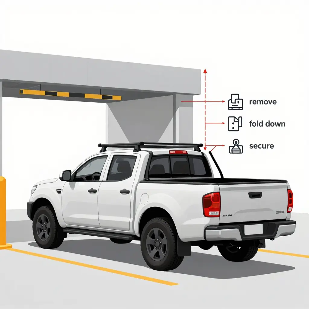 Side-view diagram of a pickup truck with roof rack, light bar, antenna, tonneau cover and bed extender approaching a car wash height clearance bar, with callouts to remove, fold or secure each item