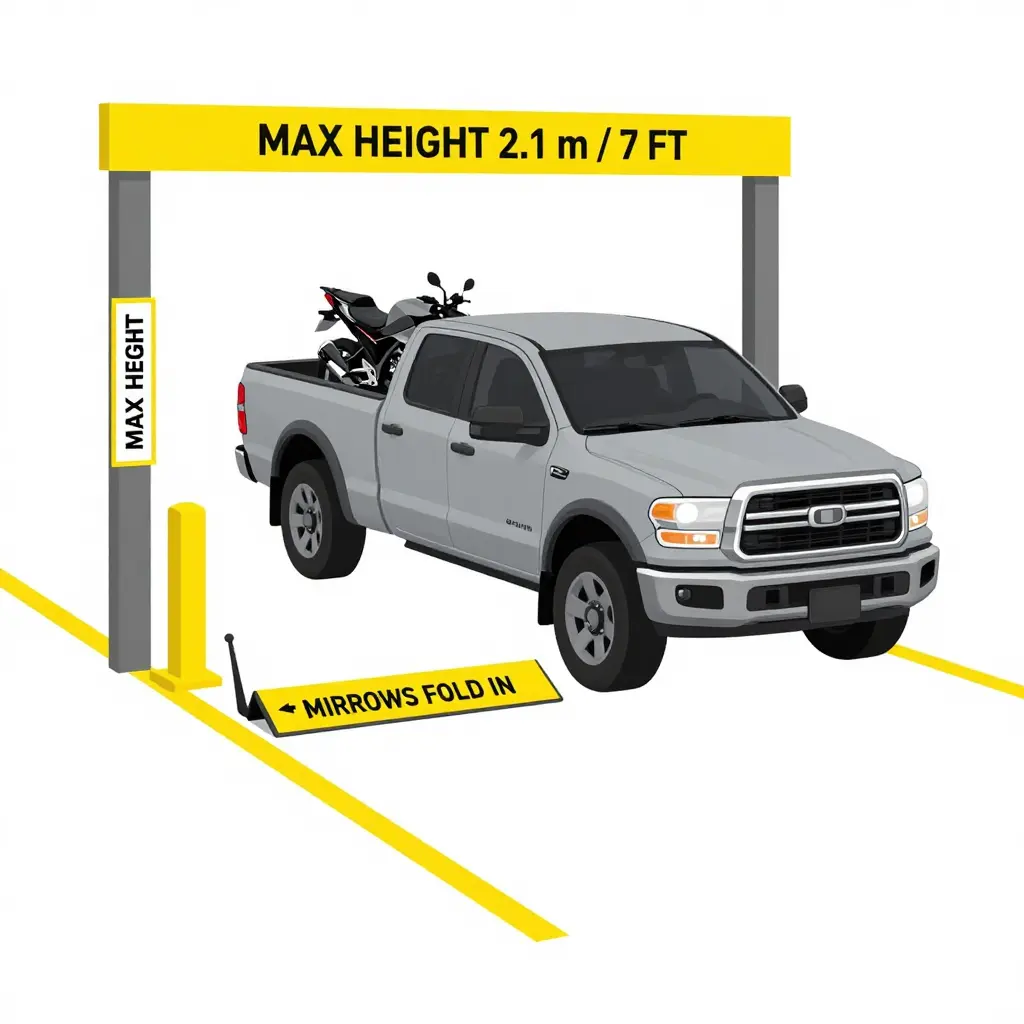 Bay entrance diagram showing a height clearance bar, painted bay-limit lines and a mirror-guard paddle with mirror-fold markings